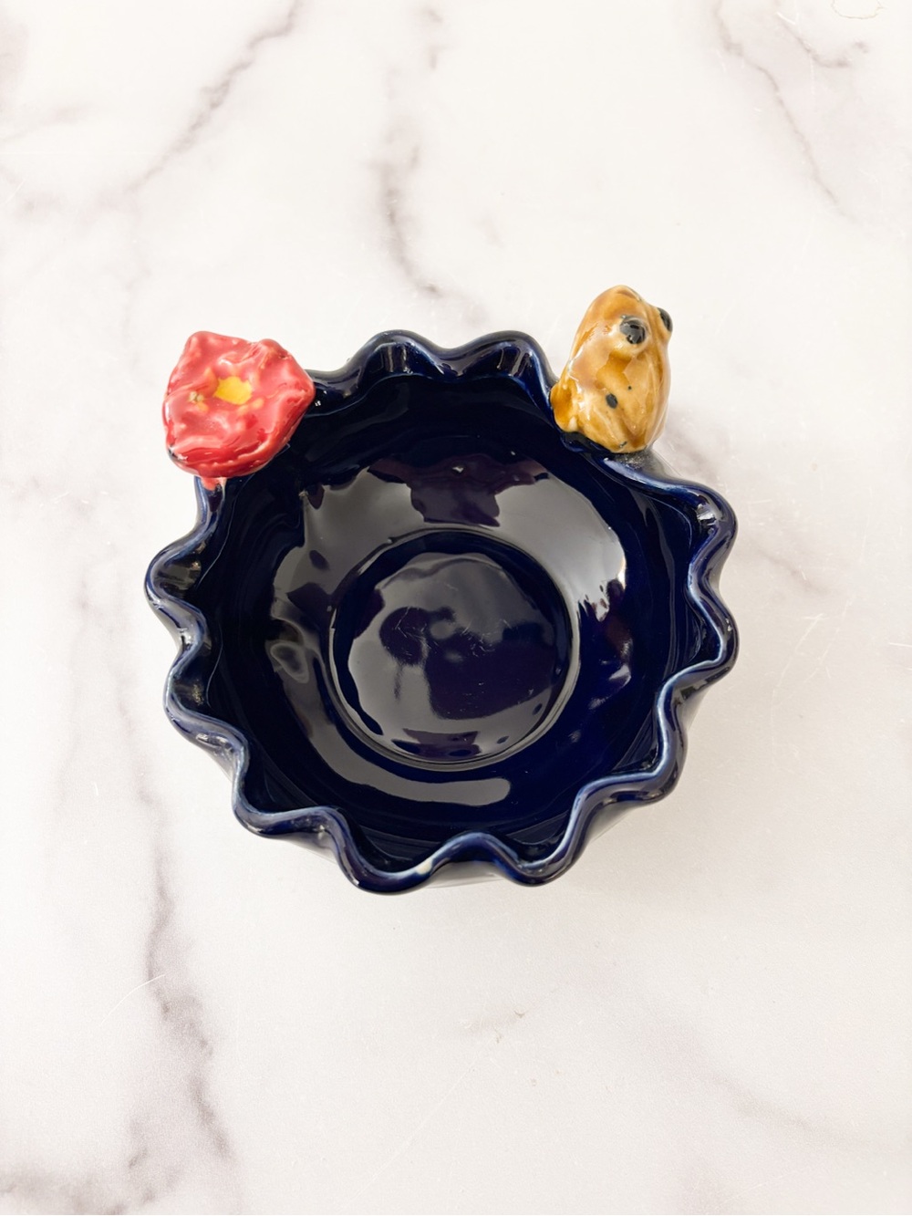 Handcrafted Navy Ceramic Trinket Dish with Red Flower and Yellow Frog Accent